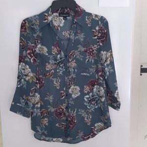 Teal floral button down top, size S